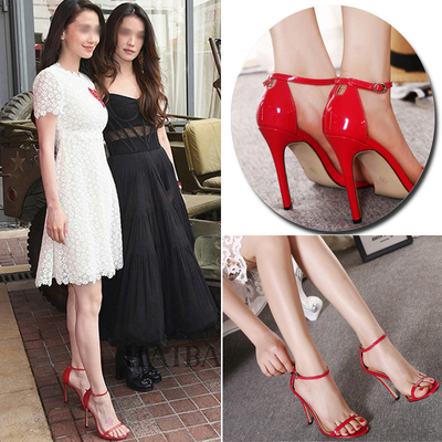 明星同款凉鞋女夏一字带露趾高跟凉鞋细跟舒适真皮超高跟鞋小码33-淘宝网