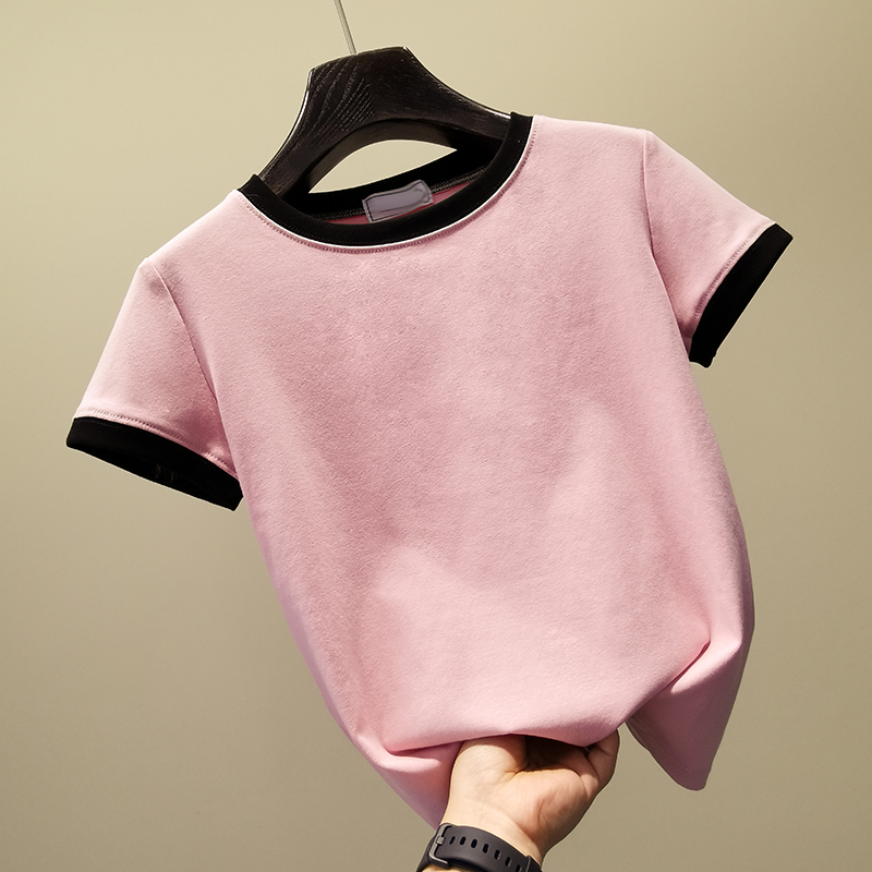 short taille haute, des tops d'été de sexe féminin version coréenne de slim slim frappé couleur à manches courtes t-shirt ins super feu fille demi manche marée short taille haute, des tops d'été de sexe féminin version coréenne de slim slim frappé couleur à manches courtes t-shirt ins super feu fille demi manche marée