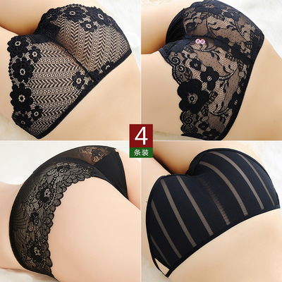 4条装 蕾丝性感内裤女纯棉裆无痕低腰火辣透明气冰丝条纹三角裤头-淘宝网