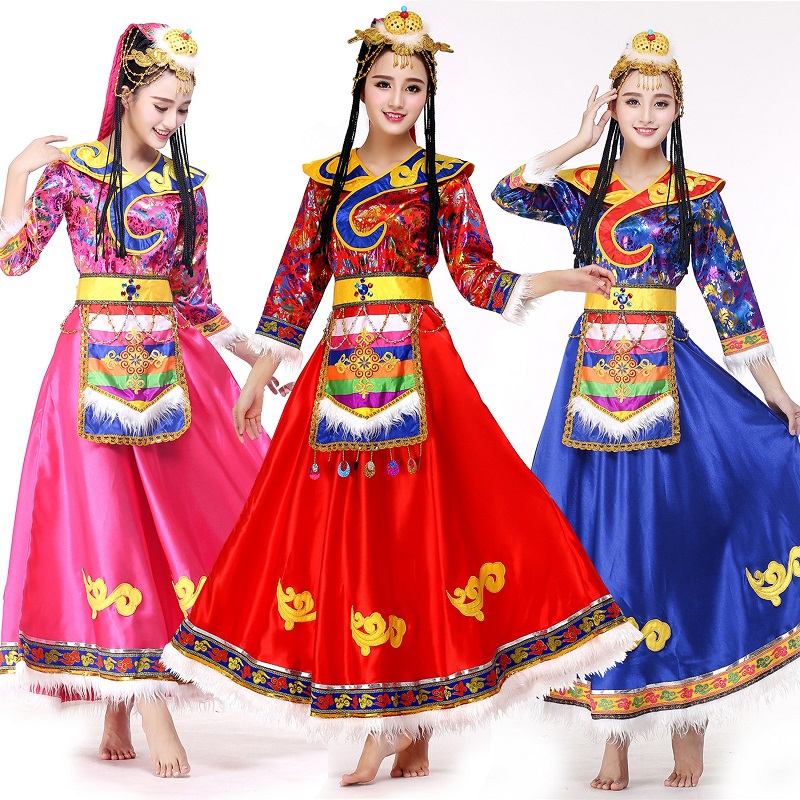 新款高檔長款藏族舞蹈演出服裝女少數民族成人西藏水袖修身表演服