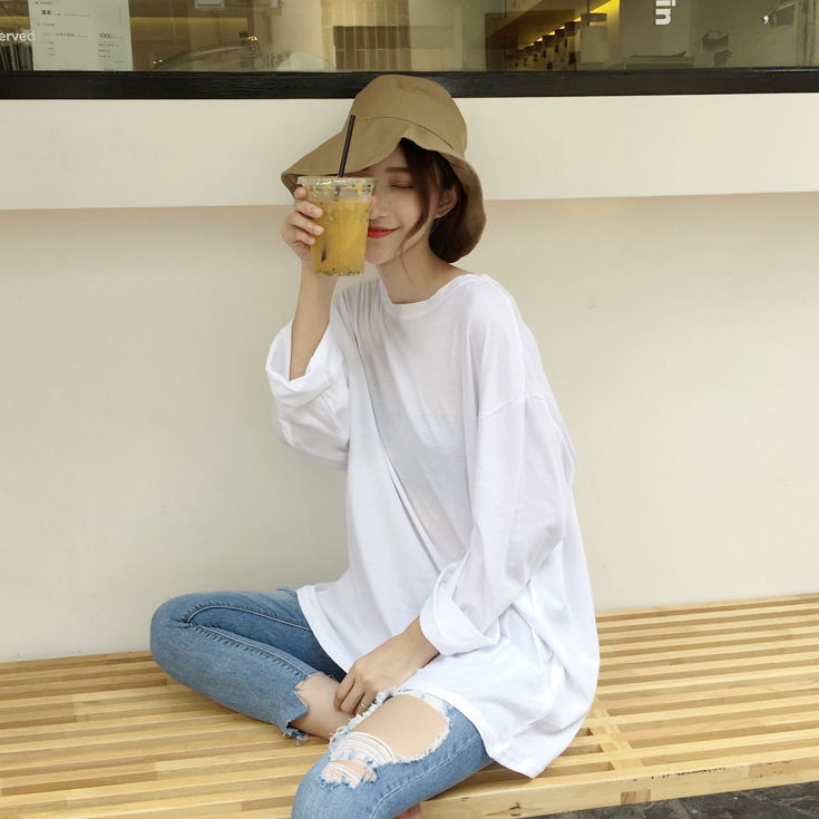 秋季韓版女裝寬松圓領長袖T恤女上衣百搭顯瘦純色中長款打底衫