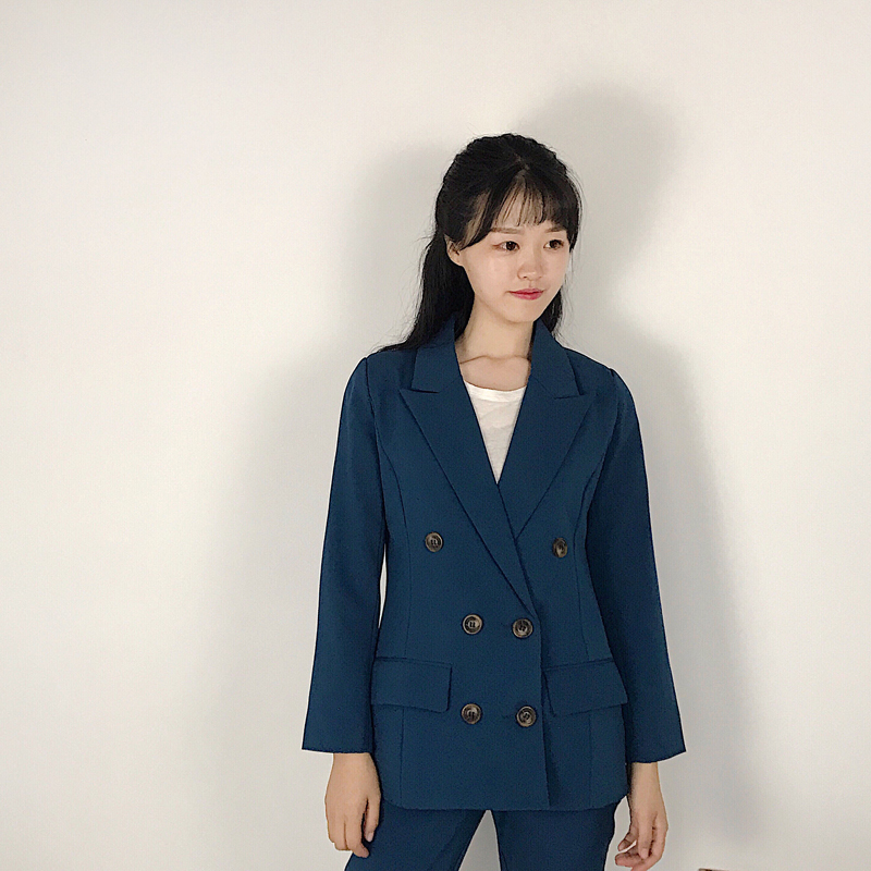【HLstudio】職業西服韓版時尚休閑雙排扣兩件套寬松西裝套裝女
