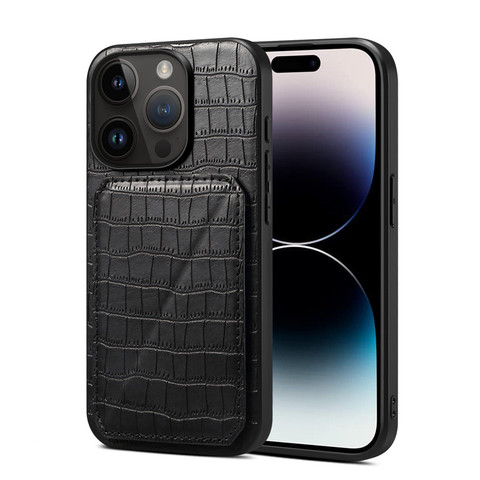 Black — Crocodile Synthetic Leather Creative Kickstand Folding Stand Card Holder 15, 15 Plus, 15 Pro, 15 Pro Max iPhone Case
