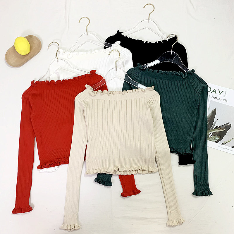 เสื้อผ้าผู้หญิง 学生木耳边一字领露肩秋款针织衫上衣女2019新款修身显瘦长袖毛衣  