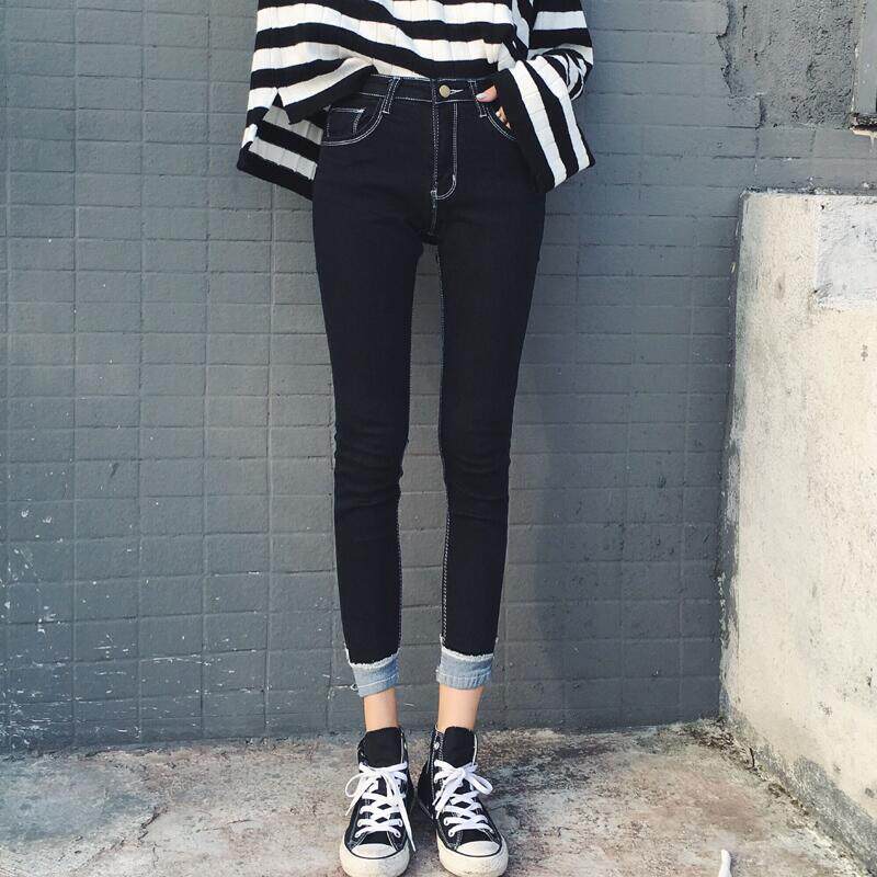 春夏季新款學生韓版高腰九分牛仔褲女緊身彈力顯瘦小腳鉛筆褲子潮