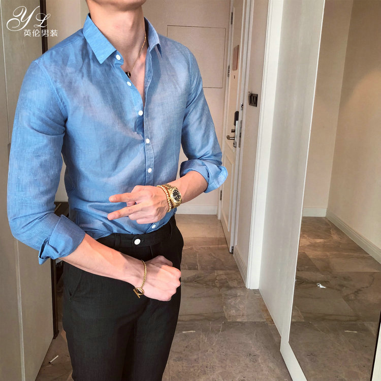 coréenne de l'été hommes de la section mince à manches longues chemise en lin pour hommes britanniques de top casual port de vent coréenne fashion chemise coréenne de l'été hommes de la section mince à manches longues chemise en lin pour hommes britanniques de top casual port de vent coréenne fashion chemise