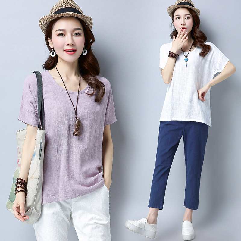 2286#实拍 2018夏季棉麻新款女装宽松圆领休闲百搭简约上衣