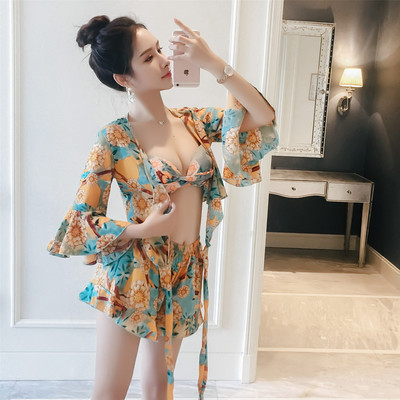 韩版印花比基尼四件套泳衣女带钢托聚拢平角显瘦遮肚防晒游泳衣夏-淘宝网