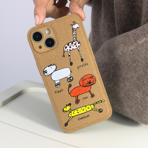 Cute Zoo Animal Hand Painted Illustration Synthetic Leather Niche 15, 14, 13 iPhone Case