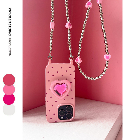 Girls Ruby Heart Telescopic Grip Stand With Crossbody Lanyard Strap Phone Case