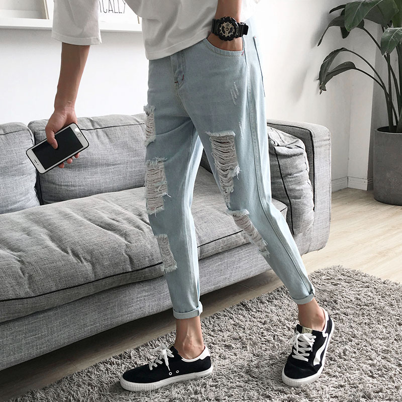 l'été mince des hommes de neuf points de trou pantalon jeans des hommes version coréenne de la marée slim fit, jambes coniques 9 min mendiant pantalons hommes l'été mince des hommes de neuf points de trou pantalon jeans des hommes version coréenne de la marée slim fit, jambes coniques 9 min mendiant pantalons hommes