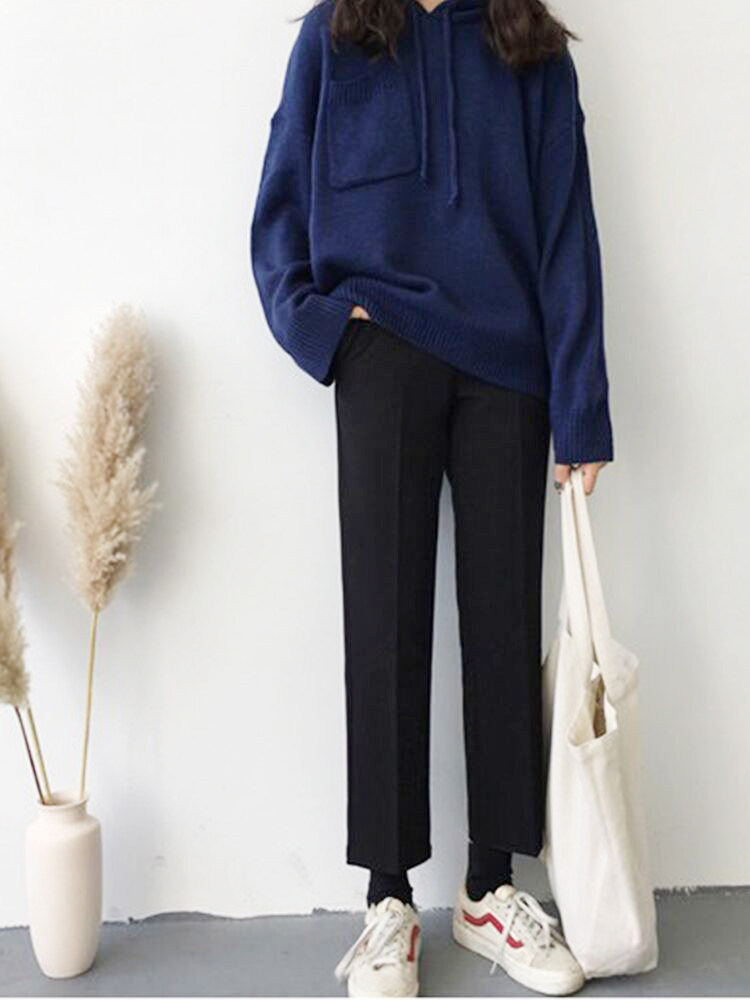 กางเกง 毛呢阔腿裤女春秋冬宽松黑色西装裤高腰九分直筒显瘦西裤工装裤子  