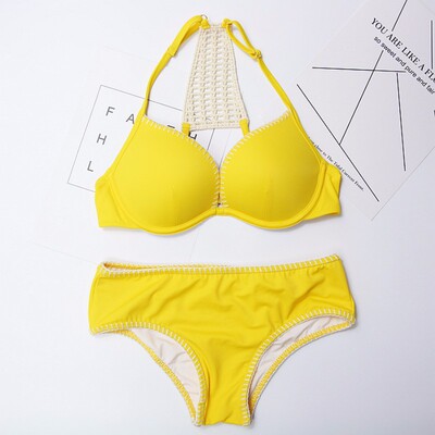 欧美沙滩三角比基尼黑色黄色性感小胸聚拢三点式泡温泉泳衣女分体-淘宝网