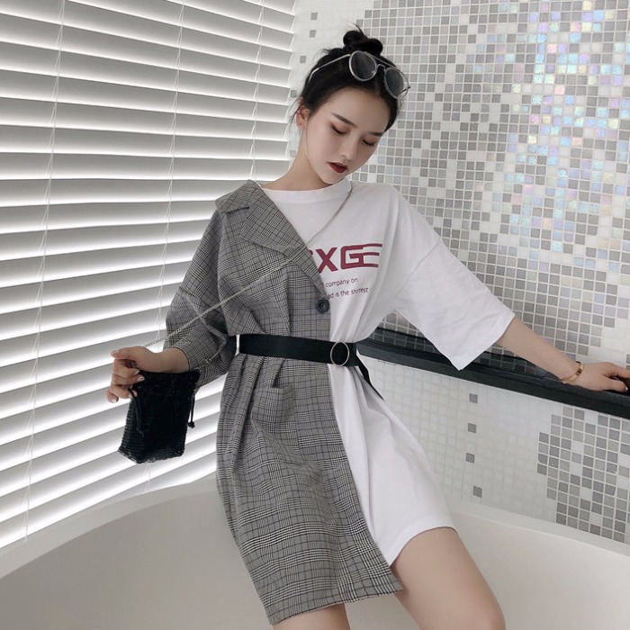 ins ultra-feu épissage plaid t-shirt robe femme robe d'été nouvelles tendances maiden tempérament de taille dans le long paragraphe court à manches chemisier ins ultra-feu épissage plaid t-shirt robe femme robe d'été nouvelles tendances maiden tempérament de taille dans le long paragraphe court à manches chemisier