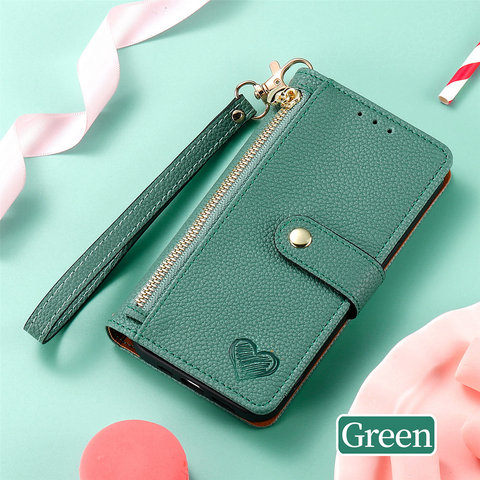 Green — Hearts Wallets Folio Flip Magnetic Synthetic Leather Card Holder Folding Stand With Wrist Lanyard Strap 8, 8 Pro, 7