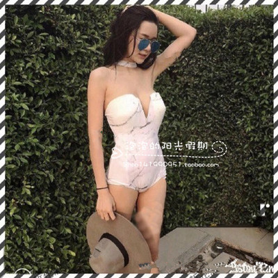 独家定制泰国设计师白色大理石印花性感女神连体钢托比基尼泳衣女