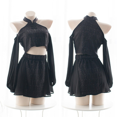 七了个三 复古黑色旗袍露肩少女短裙套装性感黑色漏肩上衣套装-淘宝网