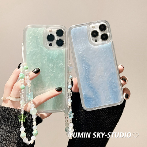 Pastel Marbled Blue Green Beaded Charm Strap iPhone Case