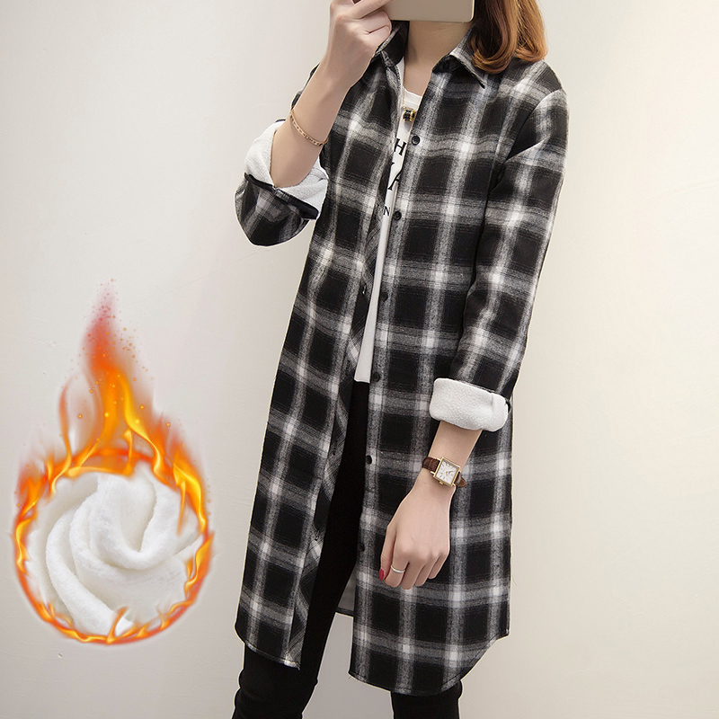 2017秋鼕韓版新款加絨格子襯衫女長袖寬松加厚中長款襯衣保暖外套