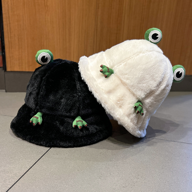 Cute Frog Hat Female Autumn and Winter Korean Style Thickened Fleece Bucket Hat Japanese Cartoon Student All-Matching Warm Bucket Hat