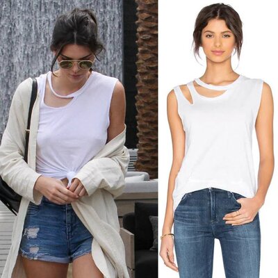 欧美风肯豆金小妹同款修身显瘦个性领口撕破无袖T恤 纯色背心女潮-淘宝网