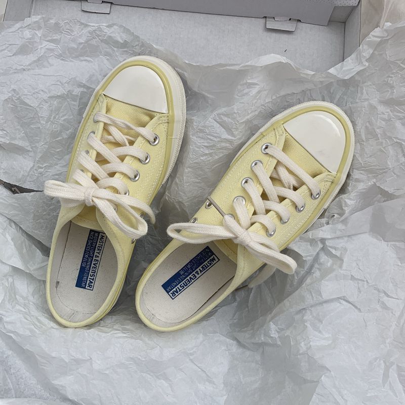nouilles instantanées petite grecque chaussures femme 2019 marée chaussures chaussures de toile crème de jaune d'œuf couleur des années 1970 semi-chaussons filles plaque de détection de chaussures nouilles instantanées petite grecque chaussures femme 2019 marée chaussures chaussures de toile crème de jaune d'œuf couleur des années 1970 semi-chaussons filles plaque de détection de chaussures