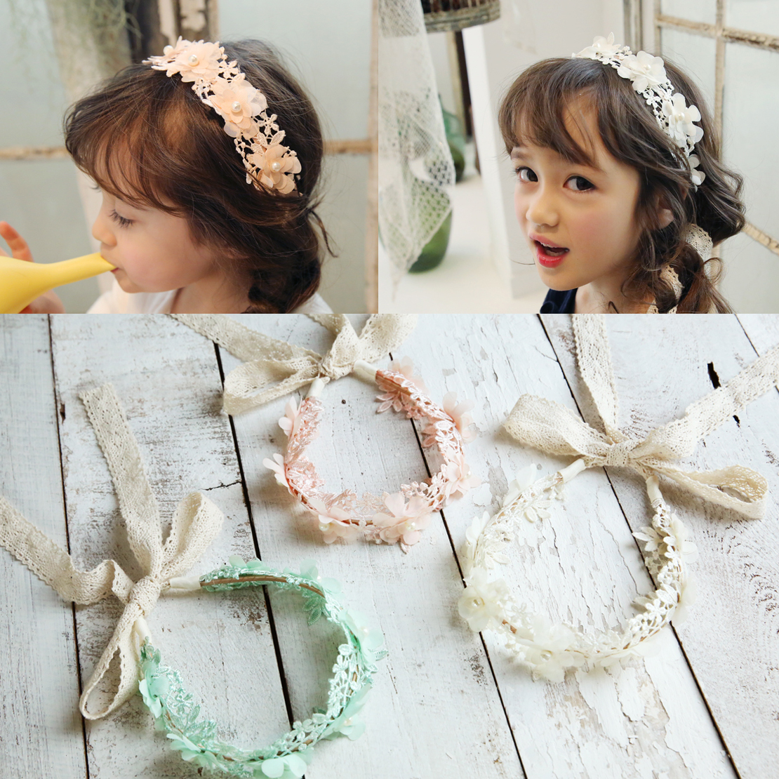 兒童發飾品韓國女童花朵蕾絲飄帶小女孩發箍寶寶發帶花環頭飾頭花