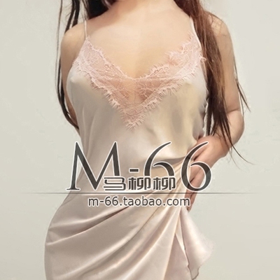 马柳柳2018性感诱惑缎面蕾丝深V低胸镂空修身丝滑长款吊带睡裙-淘宝网