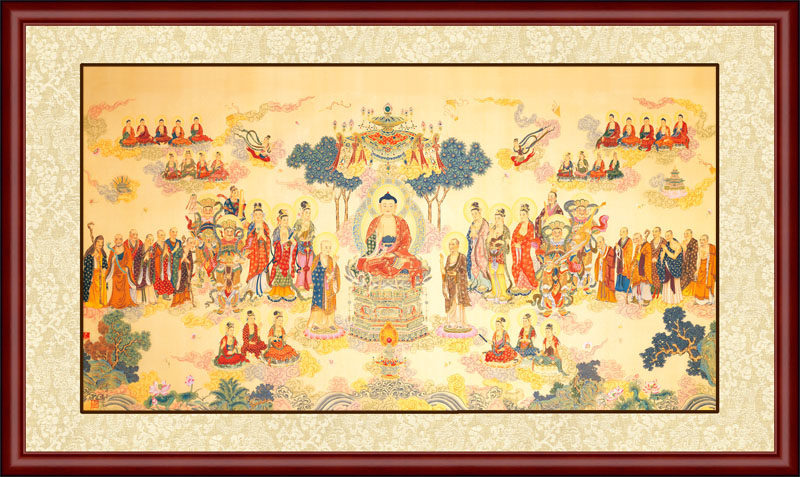 国画西方三圣接引佛祖画像观音大势菩萨众佛现代装饰画