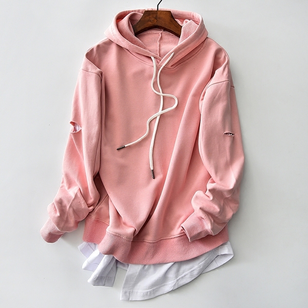 假两件卫衣女连帽薄款宽松外套春秋装纯色拼接破洞