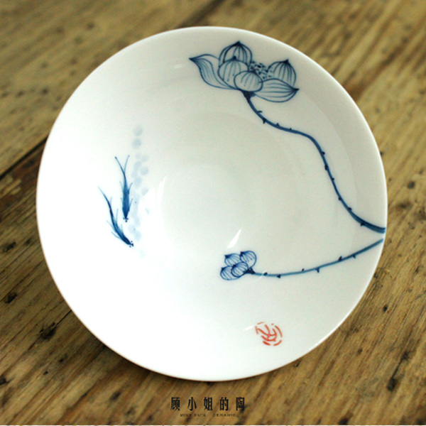 手绘青花茶碗茶盏斗笠杯小茶杯 品茗杯手绘莲花杯薄胎单杯陶瓷杯