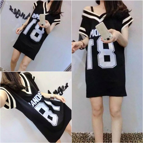 夏季新款韩版运动休闲中长款条纹V领针织T恤裙子宽松短袖连衣裙女