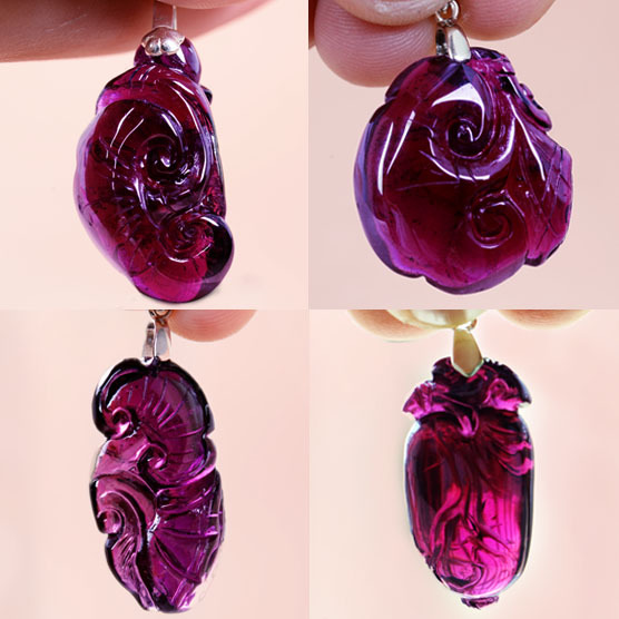 天然水晶石榴石吊坠/雕件 玫红色/紫牙乌 女款项链 宝石项坠 包邮