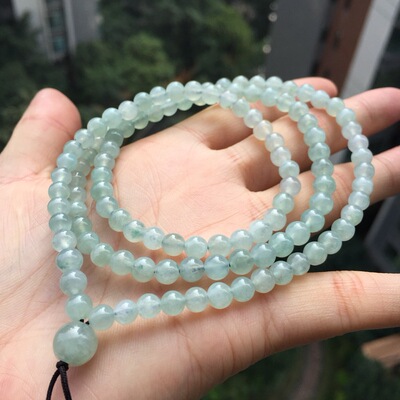 天然a货翡翠满珠项链 老坑圆珠透绳玉珠子男女挂绳毛衣链
