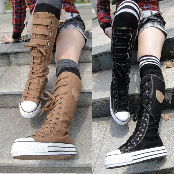 绊带帆布鞋内增高马丁靴子女春秋长靴秋鞋厚底松糕鞋大码学生女靴