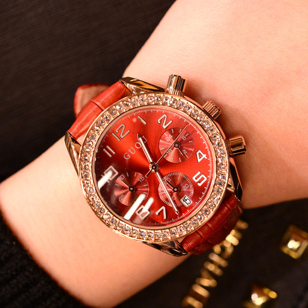 正品时尚潮流韩版女士手表 红色真皮表带学生女表石英表 腕表