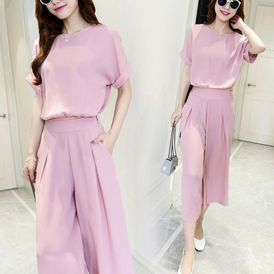 时尚两件套雪纺阔腿裤套装女夏季新款韩版七分裤修身休闲套装