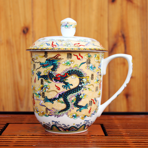 青花瓷大茶杯 景德镇陶瓷茶具 带盖 老板杯 大号办公室杯子 骨瓷