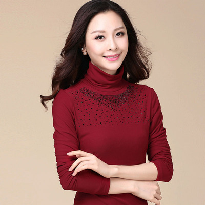 女士高领打底衫秋冬季大码长袖t恤中年网纱加绒保暖秋衣加厚上衣_价格