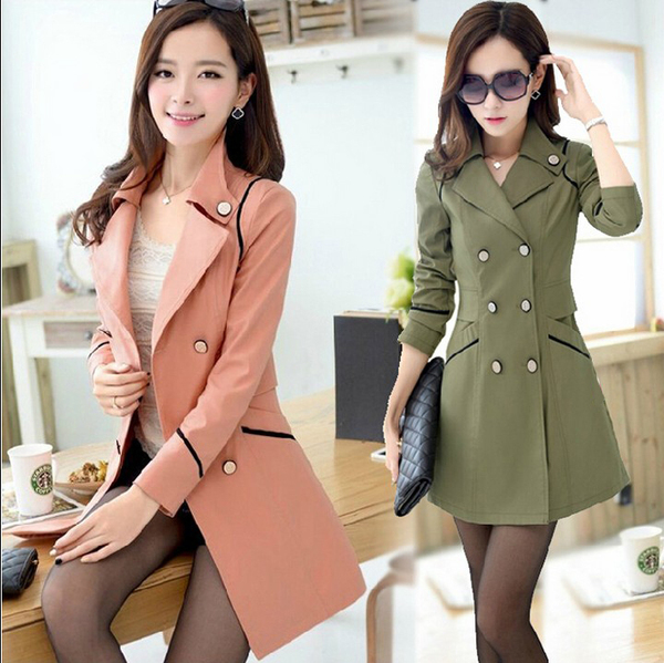 大码风衣外套女2017春装新款韩版修身收腰显瘦中长款双排扣上衣潮
