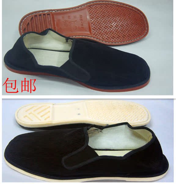 包邮老北京布鞋男款工作鞋灯芯绒红白塑料底布鞋一脚蹬条绒懒汉鞋