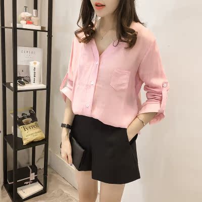 2017春秋新款大码衬衫女长袖宽松百搭纯色V领上衣休闲打底衬衣潮