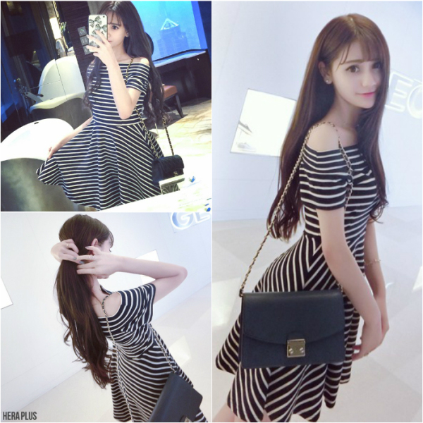 2016春装新款韩版性感一字露肩领条纹收腰短袖连衣裙女装秋冬D063