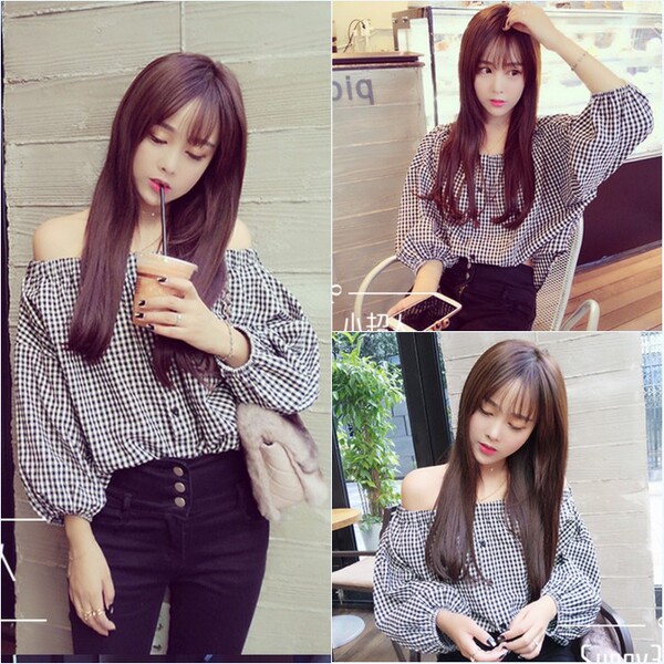 2017春装新款韩版宽松一字领露肩娃娃衫衬衣长袖格子衬衫上衣女装