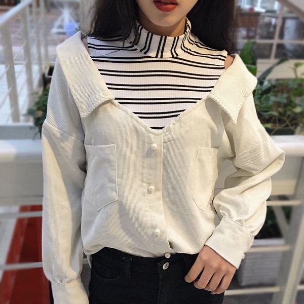 春装新款韩版宽松显瘦长袖衬衫拼接假两件露肩套头衬衫上衣女学生