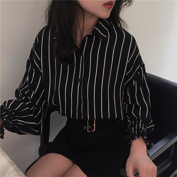 2016秋季新款韩版时尚百搭撞色条纹衬衫气质宽松显瘦上衣女衬衣潮