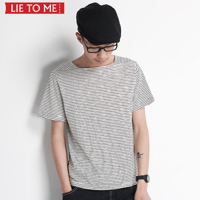lietome条纹t恤男韩版夏装新款日系青年潮流平领海军小清新t恤衫