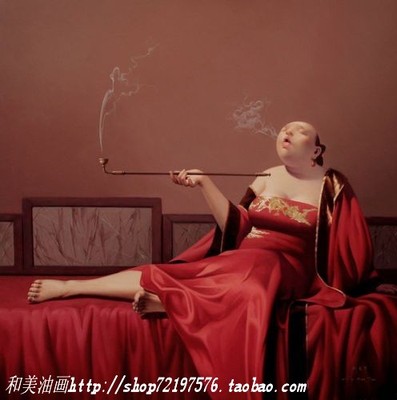 和美油画 仿刘宝军作品抽烟袋的女人 客厅酒店