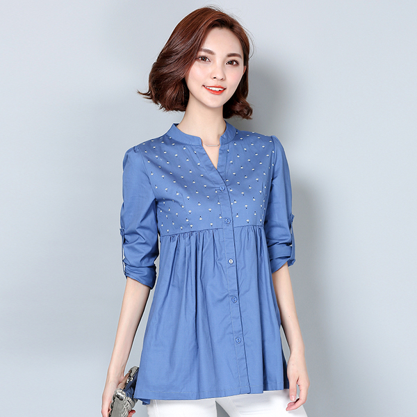 纯棉2017春秋新款长袖衬衫女韩范中长款碎花衬衣女装上衣大码显瘦