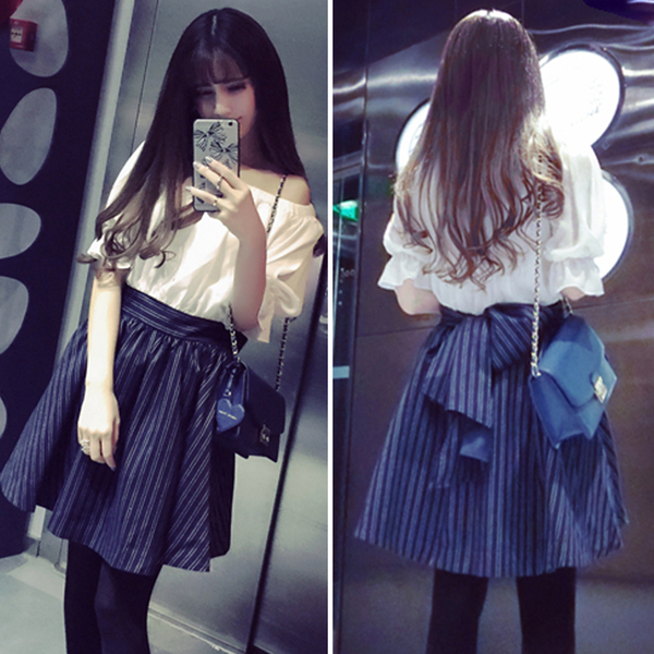 春装新款女装韩版甜美荷叶边中袖条纹后背蝴蝶结一字领露肩连衣裙